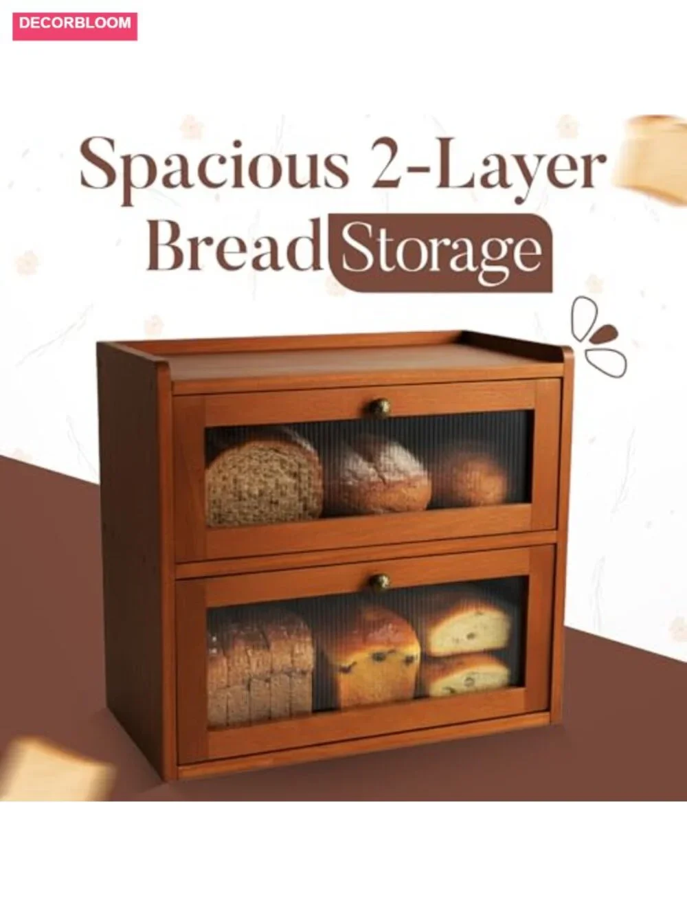 2-Layer Pine Wood Bread Box with Clear Acrylic Windows, Magnetic Closure, Large